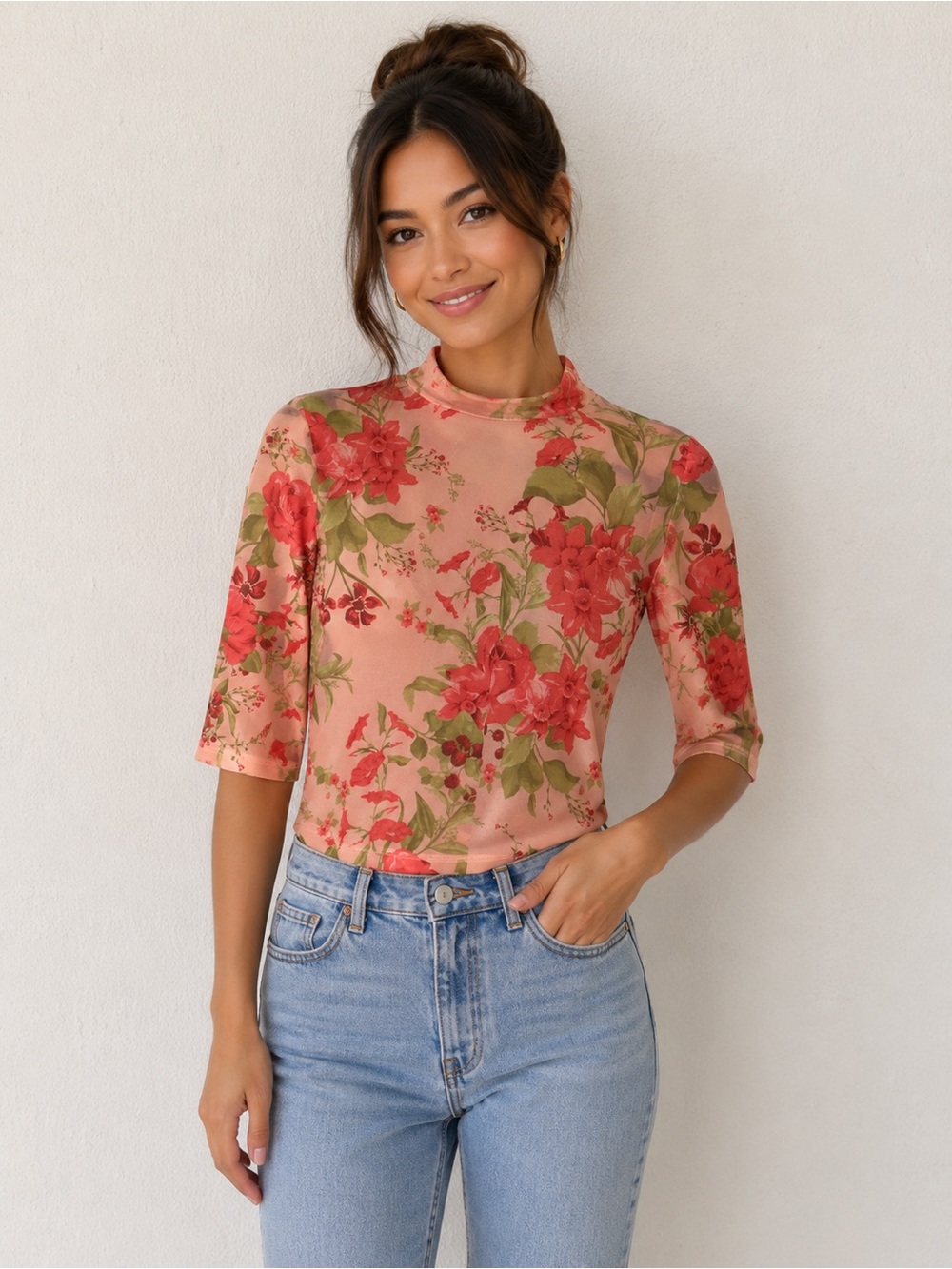Anthropologie Pink Floral Mock Neck Top